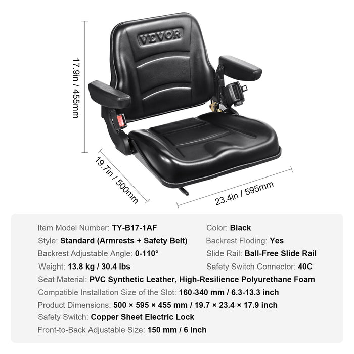 VEVOR Universal Forklift Seat, Fold Down Tractor Seat with Adjustable Angle Back, Micro Switch, Seatbelt and Armrests, 16-34 cm Slot Tractor Seat for Tractor Loader Excavator