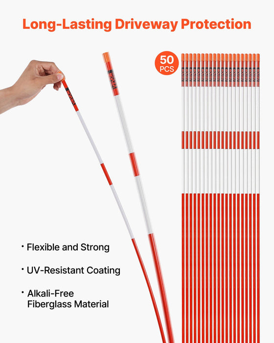 Driveway Markers, 50Pcs 152cm Long 7.87mm Dia, Hi-Visibility Driveway Reflectors with 12 in Steel Drill Bits, Reflective Snow Sticks Fiberglass Pole for Parking Lots, Walkways, Snow Plowing