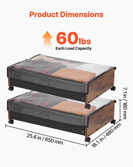 VEVOR Under Bed Storage with Wheels, 650 x 460 x 180 mm Underbed Containers, Underbed Shoes Organizer with Lockable Wheels, Rolling Under the Bed Storage Bins for Clothes, Shoes, Blankets, 2 Pack