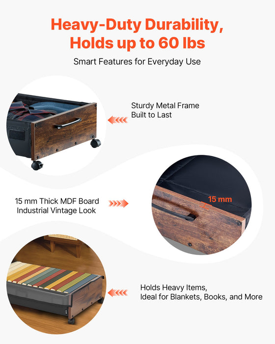 VEVOR Under Bed Storage with Wheels, 650 x 460 x 180 mm Underbed Containers, Underbed Shoes Organizer with Lockable Wheels, Rolling Under the Bed Storage Bins for Clothes, Shoes, Blankets, 2 Pack