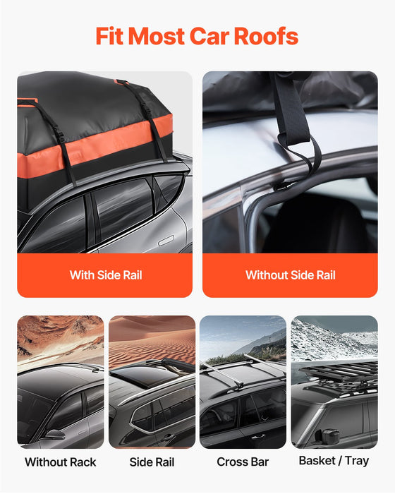 VEVOR Car Rooftop Cargo Carrier Bag, 15 Cubic Feet Car Roof Cargo Carrier, 100% Waterproof Heavy Duty 840D PVC Roof Luggage Bag for All Vehicle with/without Rack- with Lock, Non-Slip Mat, 4 Door Hooks