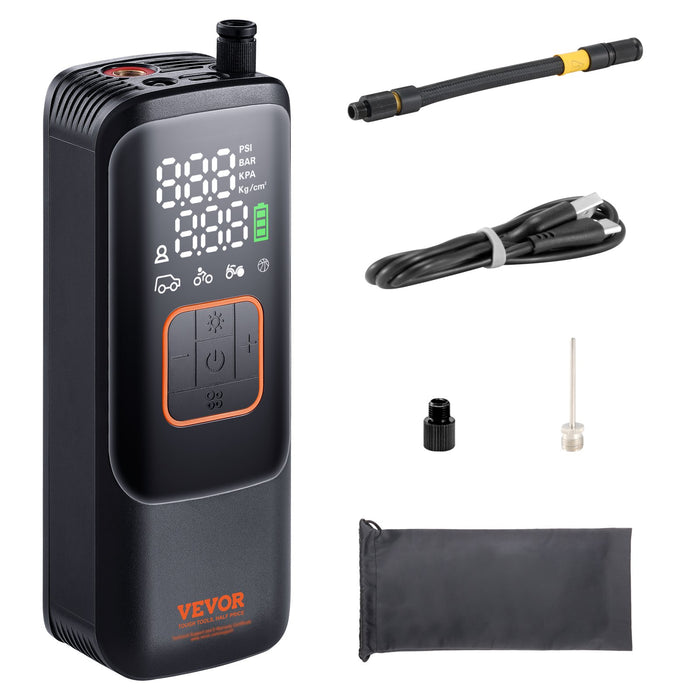VEVOR Tire Inflator Portable Air Compressor, 150 PSI Electric Air Pump, 4000mAh Rechargeable Tire Pump with Auto-Off Function, LCD Pressure Gauge, 3 Nozzles, LED Light for Car Motorcycle Bike Ball