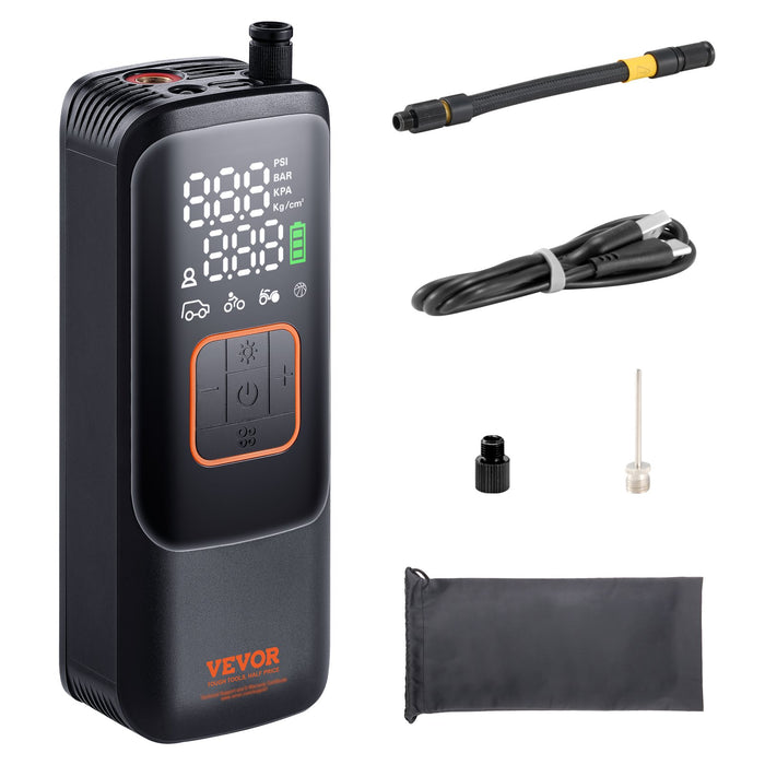 VEVOR Tire Inflator Portable Air Compressor, 150 PSI Electric Air Pump, 4000mAh Rechargeable Tire Pump with Auto-Off Function, LCD Pressure Gauge, 3 Nozzles, LED Light for Car Motorcycle Bike Ball