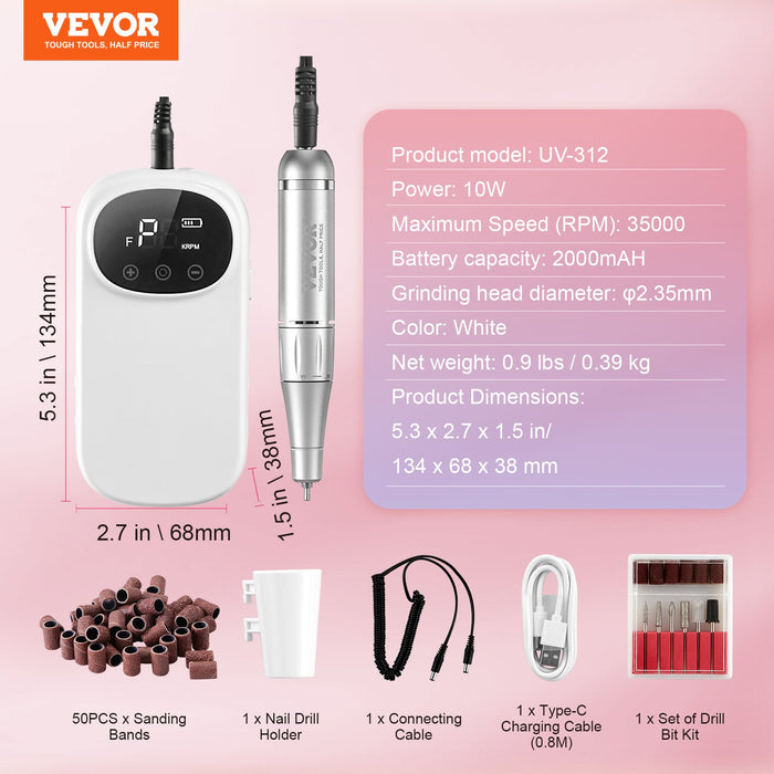 VEVOR Electric Rechargeable Nail Drill, 35,000RPM Portable Cordless Nail E File Machine, LCD-Display Acrylic Gel Grinder Tool with 6 Bits and 50PCS Sanding Bands for Manicure Pedicure Carve Polish