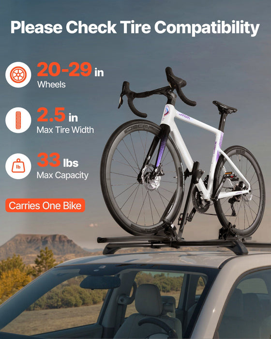 Roof Bike Rack, 15 kg Capacity, Upright Roof Mount Bicycle Rack with Secure Locking System for Most Standard Crossbars, Aluminum Upright Rooftop Bike Rack, 1 Bike Carrier for Car SUV, Black