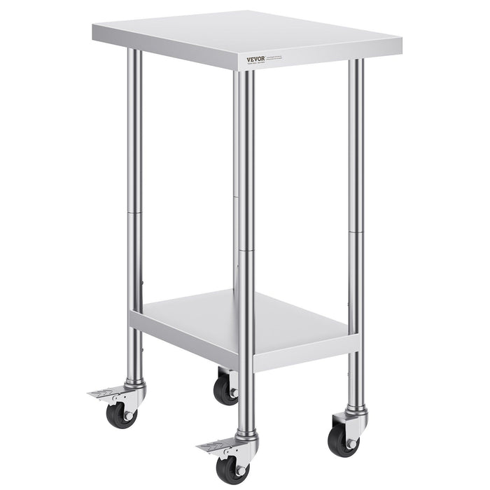 Stainless Steel Work Table 24 x 18 x 38 Inch, with 4 Wheels, 3 Adjustable Height Levels, Heavy Duty Food Prep Worktable for Commercial Kitchen Restaurant, Silver