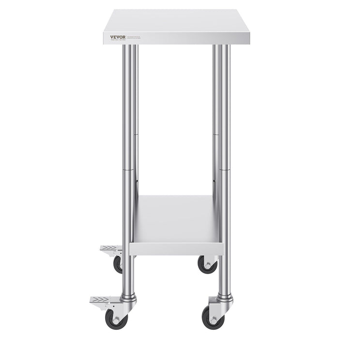Stainless Steel Work Table 24 x 18 x 38 Inch, with 4 Wheels, 3 Adjustable Height Levels, Heavy Duty Food Prep Worktable for Commercial Kitchen Restaurant, Silver