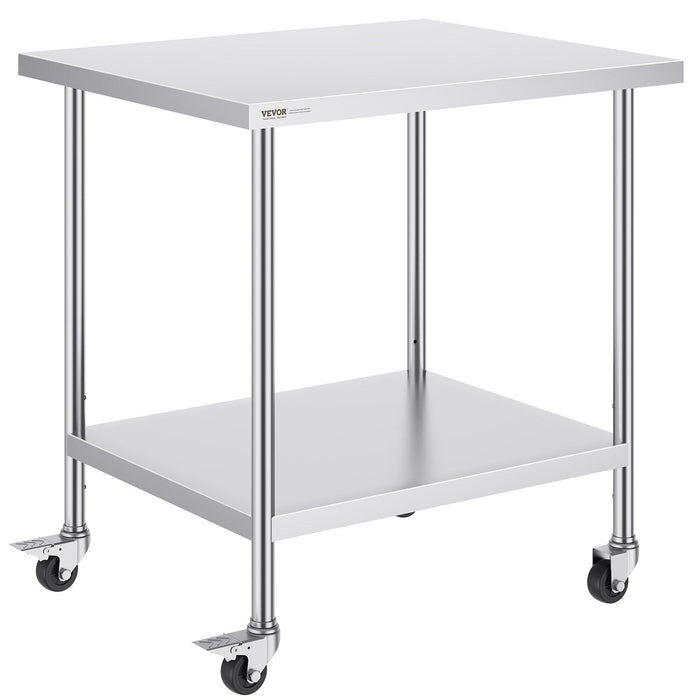 Stainless Steel Work Table 30 x 36 x 38 Inch, with 4 Wheels, 3 Adjustable Height Levels, Heavy Duty Food Prep Worktable for Commercial Kitchen Restaurant, Silver