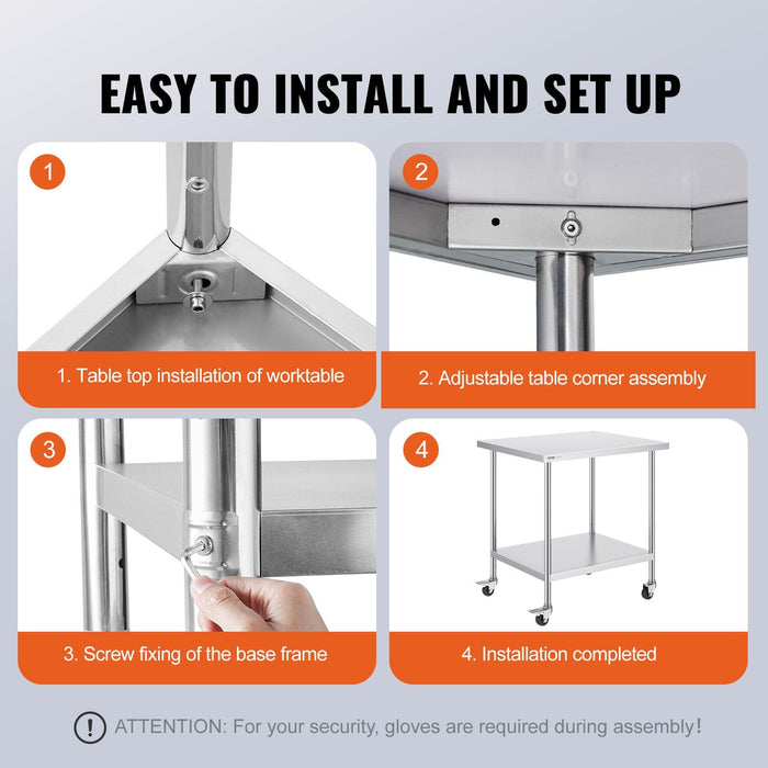Stainless Steel Work Table 30 x 36 x 38 Inch, with 4 Wheels, 3 Adjustable Height Levels, Heavy Duty Food Prep Worktable for Commercial Kitchen Restaurant, Silver