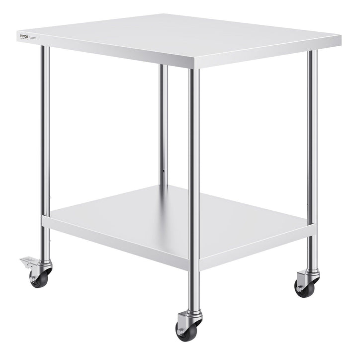 Stainless Steel Work Table 30 x 18 x 38 Inch, with 4 Wheels, 3 Adjustable Height Levels, Heavy Duty Food Prep Worktable for Commercial Kitchen Restaurant, Silver