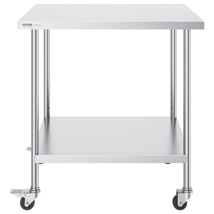 Stainless Steel Work Table 30 x 18 x 38 Inch, with 4 Wheels, 3 Adjustable Height Levels, Heavy Duty Food Prep Worktable for Commercial Kitchen Restaurant, Silver
