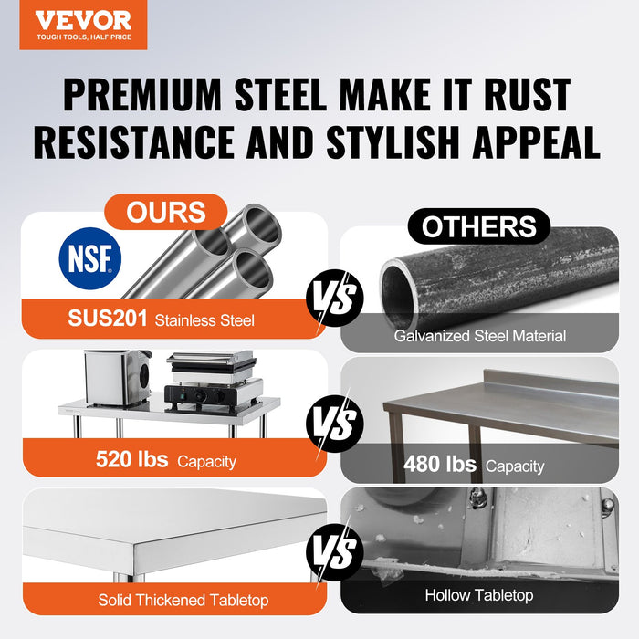VEVOR Stainless Steel Work Table 30 x 12 x 38 Inch, with 4 Wheels, 3 Adjustable Height Levels, Heavy Duty Food Prep Worktable for Commercial Kitchen Restaurant, Silver