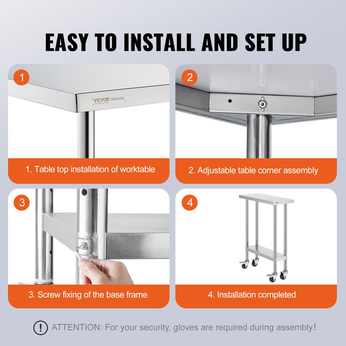 VEVOR Stainless Steel Work Table 30 x 12 x 38 Inch, with 4 Wheels, 3 Adjustable Height Levels, Heavy Duty Food Prep Worktable for Commercial Kitchen Restaurant, Silver
