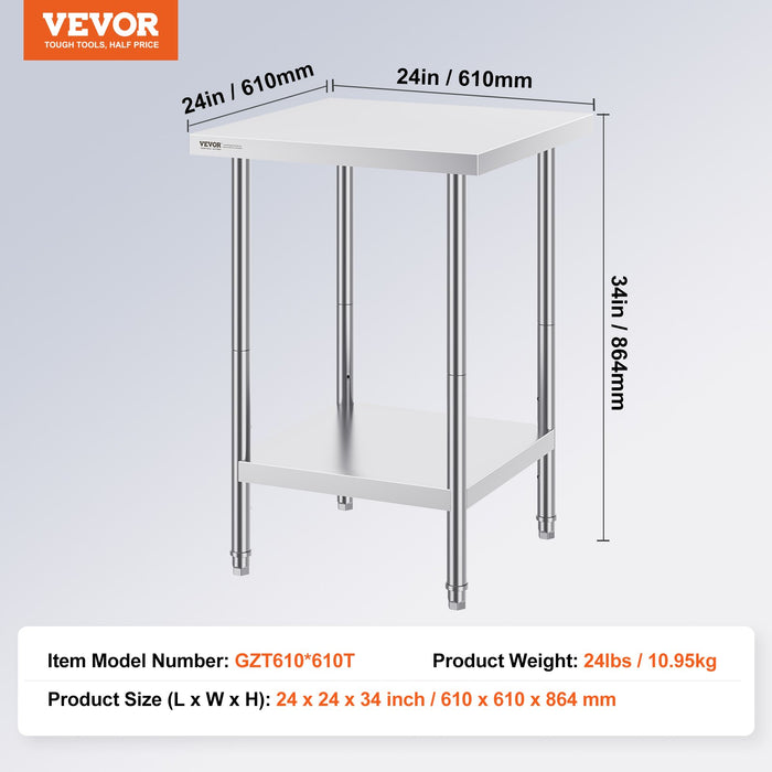 VEVOR Stainless Steel Prep Table, 24 x 24 x 34 Inch, Heavy Duty Metal Worktable with 3 Adjustable Height Levels, Commercial Workstation for Kitchen Garage Restaurant Backyard