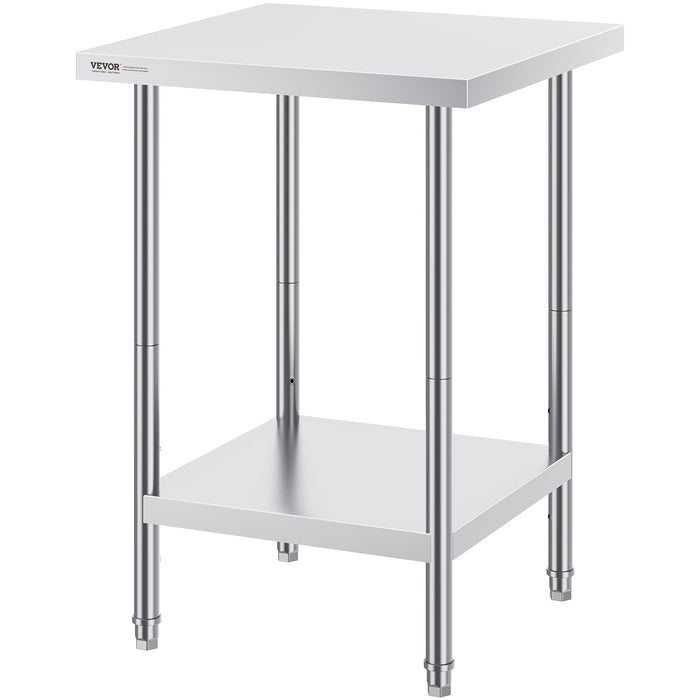 VEVOR Stainless Steel Prep Table, 24 x 24 x 34 Inch, Heavy Duty Metal Worktable with 3 Adjustable Height Levels, Commercial Workstation for Kitchen Garage Restaurant Backyard