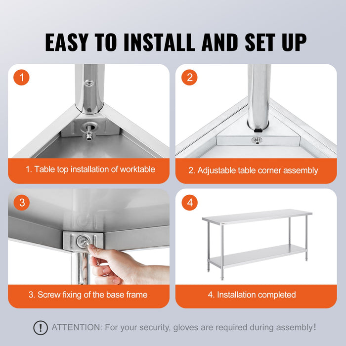 VEVOR Stainless Steel Prep Table, 24 x 72 x 34 Inch, Heavy Duty Metal Worktable with 3 Adjustable Height Levels, Commercial Workstation for Kitchen Garage Restaurant Backyard