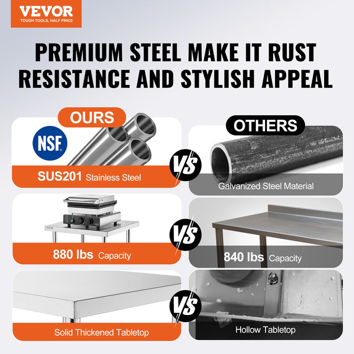 VEVOR Stainless Steel Prep Table, 30 x 48 x 34 Inch, Heavy Duty Metal Worktable with 3 Adjustable Height Levels, Commercial Workstation for Kitchen Garage Restaurant Backyard