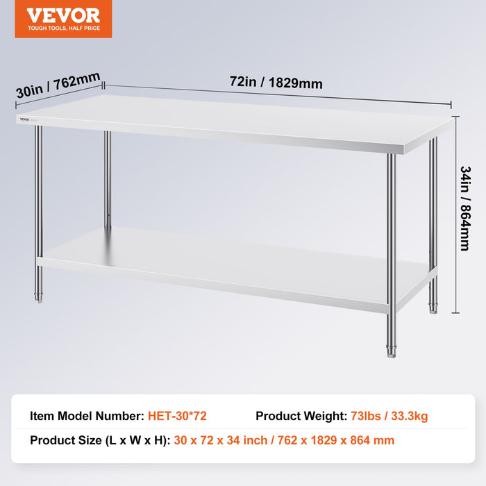 VEVOR Stainless Steel Prep Table, 30 x 72 x 34 Inch, Heavy Duty Metal Worktable with 3 Adjustable Height Levels, Commercial Workstation for Kitchen Garage Restaurant Backyard