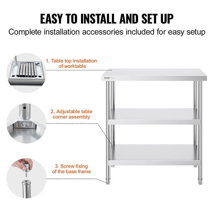VEVOR Stainless Steel Food Prep Table, 18 x 36 x 34 Inch Commercial Kitchen Worktable, with 2 Adjustable Undershelf, Heavy Duty Prep Table Metal Work Table for BBQ, Kitchen, Home, and Garage