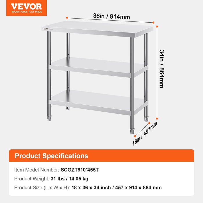 VEVOR Stainless Steel Food Prep Table, 18 x 36 x 34 Inch Commercial Kitchen Worktable, with 2 Adjustable Undershelf, Heavy Duty Prep Table Metal Work Table for BBQ, Kitchen, Home, and Garage