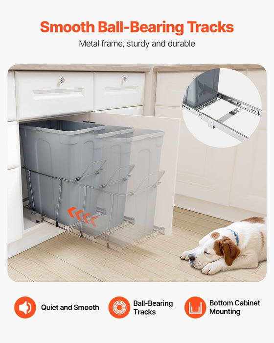 Pullout Trash Can for Kitchen Cabinets, Garbage Waste Recycling Bin, Under Mount Waste Container, with Heavy Duty Metal Full Extension Sliding System and Handle, for Sink, Under Counter