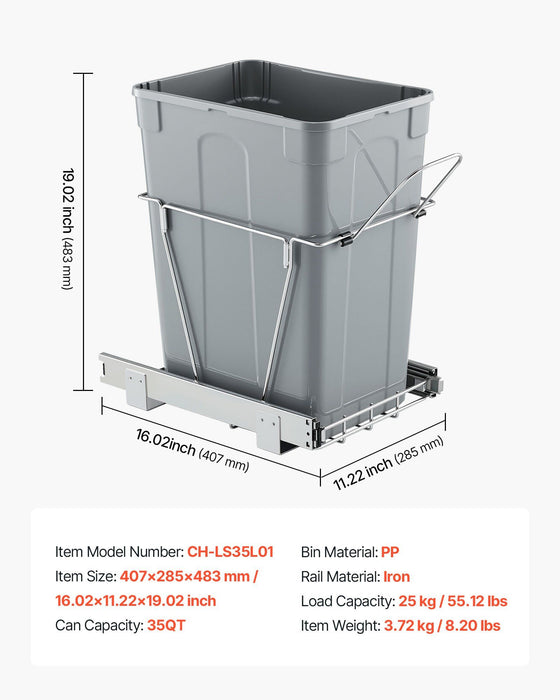 Pullout Trash Can for Kitchen Cabinets, Garbage Waste Recycling Bin, Under Mount Waste Container, with Heavy Duty Metal Full Extension Sliding System and Handle, for Sink, Under Counter