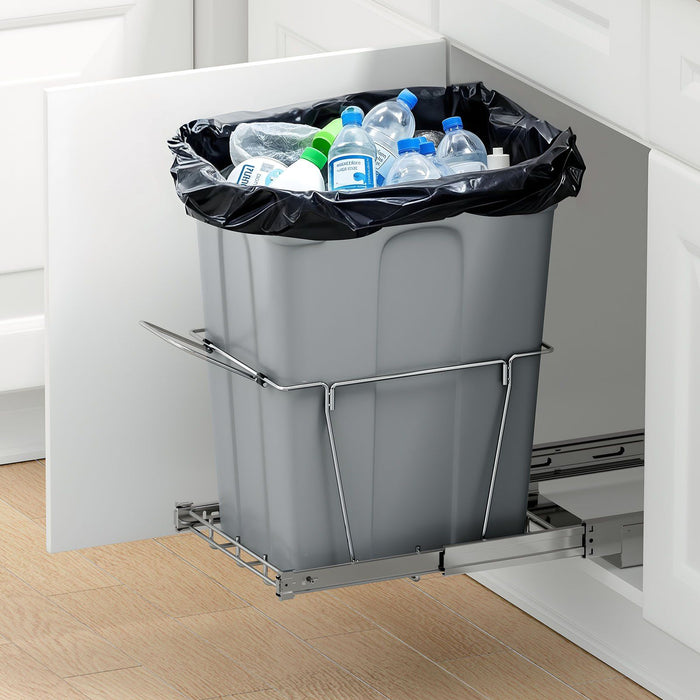 Pullout Trash Can for Kitchen Cabinets, Garbage Waste Recycling Bin, Under Mount Waste Container, with Heavy Duty Metal Full Extension Sliding System and Handle, for Sink, Under Counter
