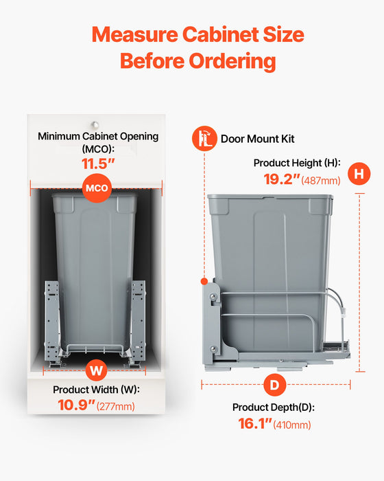 VEVOR Pullout Trash Can for Kitchen Cabinets, Garbage Waste Recycling Bin, Under Mount Waste Container, with Heavy Duty Metal Soft Close Sliding System and Door Kit, for Sink, Under Counter