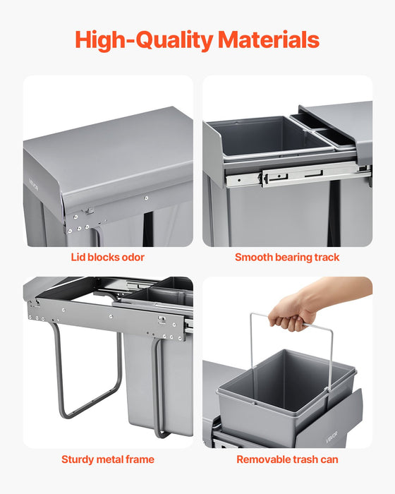 VEVOR Pullout Trash Can for Kitchen Cabinets, 20+10+10L Double Under Sink Garbage Waste Recycling Bin, Under Mount Waste Container, with Heavy Duty Metal Full Extension Sliding System and Handle