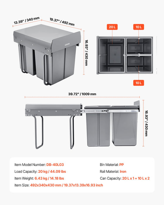 VEVOR Pullout Trash Can for Kitchen Cabinets, 20+10+10L Double Under Sink Garbage Waste Recycling Bin, Under Mount Waste Container, with Heavy Duty Metal Full Extension Sliding System and Handle