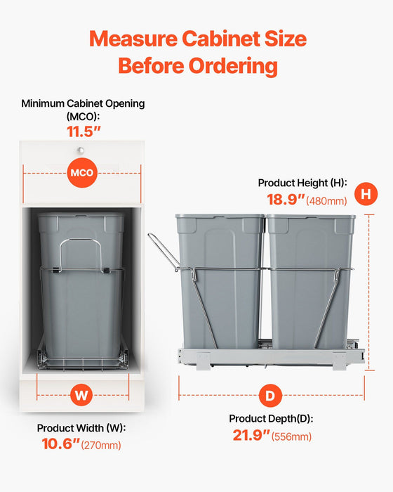 Pullout Trash Can for Kitchen Cabinets,Double Under Sink Garbage Waste Recycling Bin, Under Mount Waste Container, with Heavy Duty Metal Full Extension Sliding System and Handle