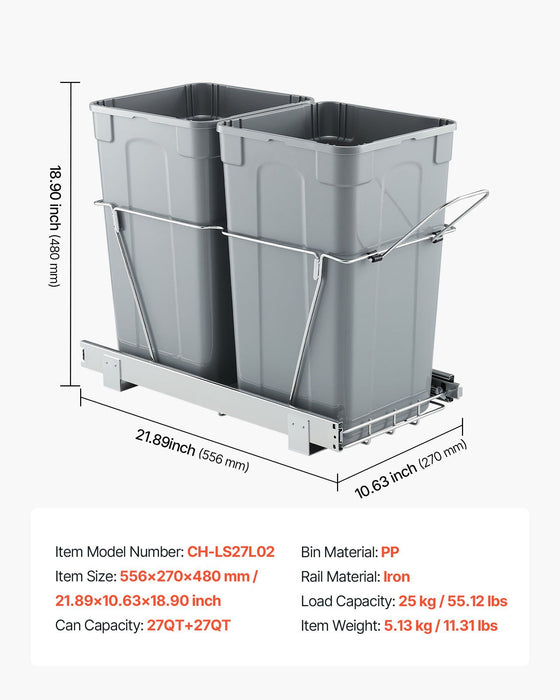 Pullout Trash Can for Kitchen Cabinets,Double Under Sink Garbage Waste Recycling Bin, Under Mount Waste Container, with Heavy Duty Metal Full Extension Sliding System and Handle