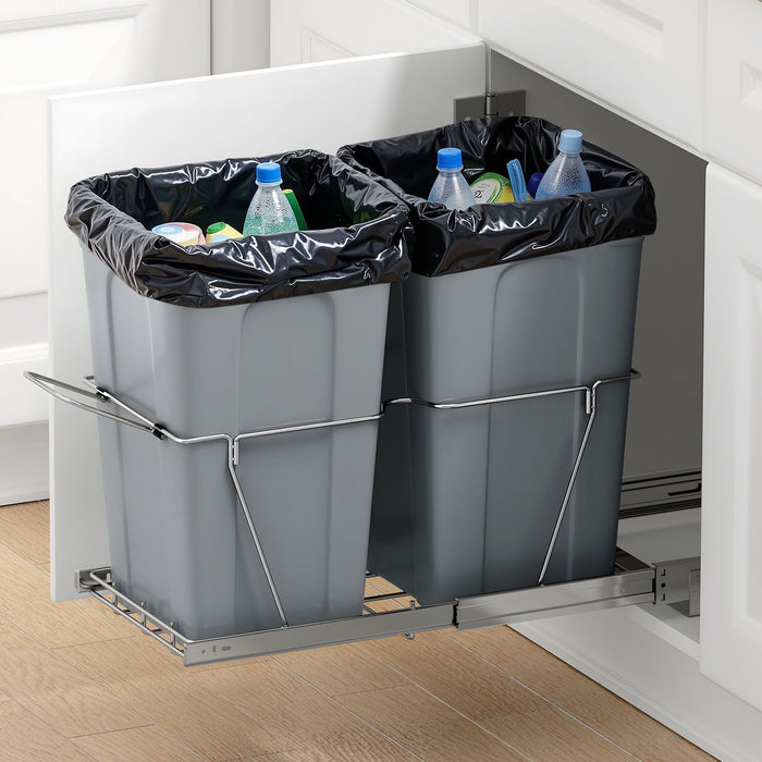 Pullout Trash Can for Kitchen Cabinets,Double Under Sink Garbage Waste Recycling Bin, Under Mount Waste Container, with Heavy Duty Metal Full Extension Sliding System and Handle