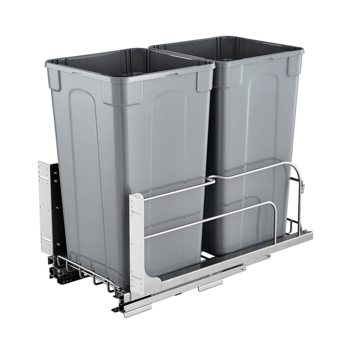 Pull-Out Trash Can, 27 QT x2 Double Under Mount Kitchen Waste Container, Heavy Duty Garbage Recycling Bin with Door Kit and Soft Close Slide, for Kitchen Cabinet, Sink, Under Counter (Grey)