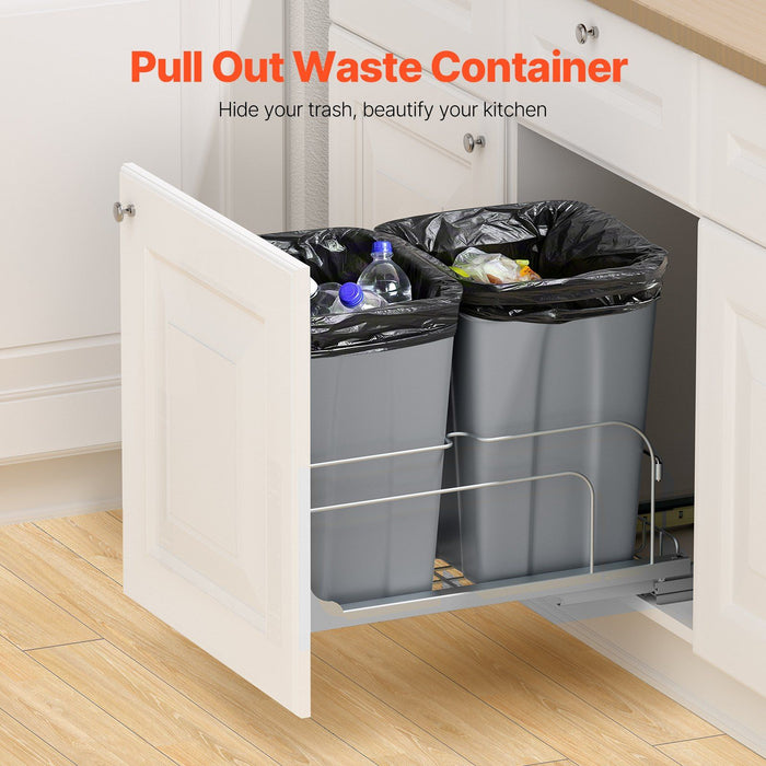 Pull-Out Trash Can, 27 QT x2 Double Under Mount Kitchen Waste Container, Heavy Duty Garbage Recycling Bin with Door Kit and Soft Close Slide, for Kitchen Cabinet, Sink, Under Counter (Grey)
