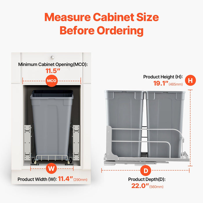 Pull-Out Trash Can, 27 QT x2 Double Under Mount Kitchen Waste Container, Heavy Duty Garbage Recycling Bin with Door Kit and Soft Close Slide, for Kitchen Cabinet, Sink, Under Counter (Grey)
