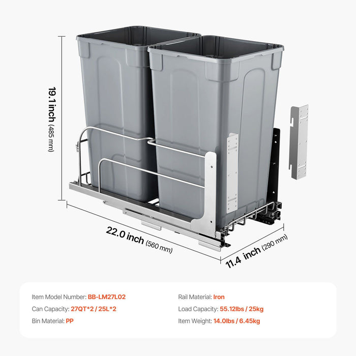 Pull-Out Trash Can, 27 QT x2 Double Under Mount Kitchen Waste Container, Heavy Duty Garbage Recycling Bin with Door Kit and Soft Close Slide, for Kitchen Cabinet, Sink, Under Counter (Grey)