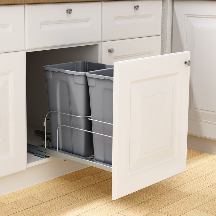 Pull-Out Trash Can, 27 QT x2 Double Under Mount Kitchen Waste Container, Heavy Duty Garbage Recycling Bin with Door Kit and Soft Close Slide, for Kitchen Cabinet, Sink, Under Counter (Grey)