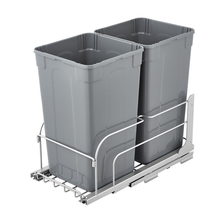 Pull-Out Trash Can, 27 QT x2 Double Under Mount Kitchen Waste Container, Heavy Duty Garbage Recycling Bin with Door Kit and Soft Close Slide, for Kitchen Cabinet, Sink, Under Counter (Grey)