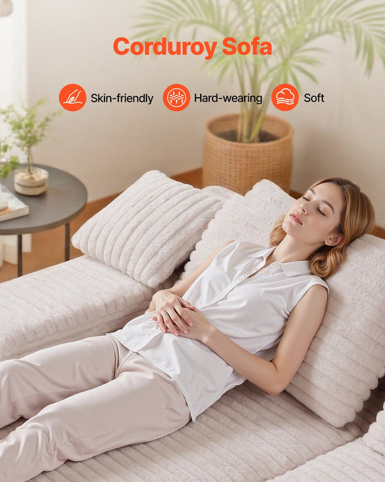 210 cm Oversized Double Chaise Lounge, Corduroy Fabric Sectional Sofa, Cozy Deep Seat Loveseat Sofa with Soft Cushions and Throw Pillows for Living Room Bedroom, No Assembly Required, Beige
