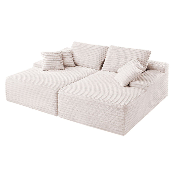210 cm Oversized Double Chaise Lounge, Corduroy Fabric Sectional Sofa, Cozy Deep Seat Loveseat Sofa with Soft Cushions and Throw Pillows for Living Room Bedroom, No Assembly Required, Beige