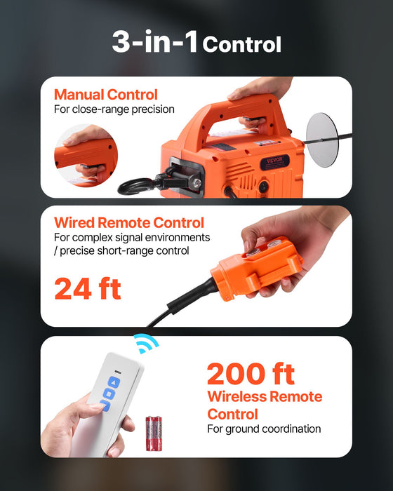 VEVOR 3-in-1 Electric Hoist Winch, 700 kg Capacity, 1500W Portable Power Winch Crane, 7.6 m Lifting Height, 5 m/min with Manual, Wired and Wireless Remote Control for Factory, Warehouss, Garage