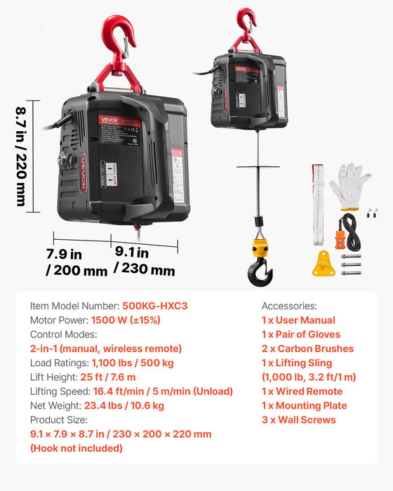 2-in-1 Electric Hoist Winch, 500 kg Capacity, 1500W Portable Power Winch Crane, 7.6 m Lifting Height, 5 m/min with Manual and Wired Remote Control for Factory, Warehouss, Garage
