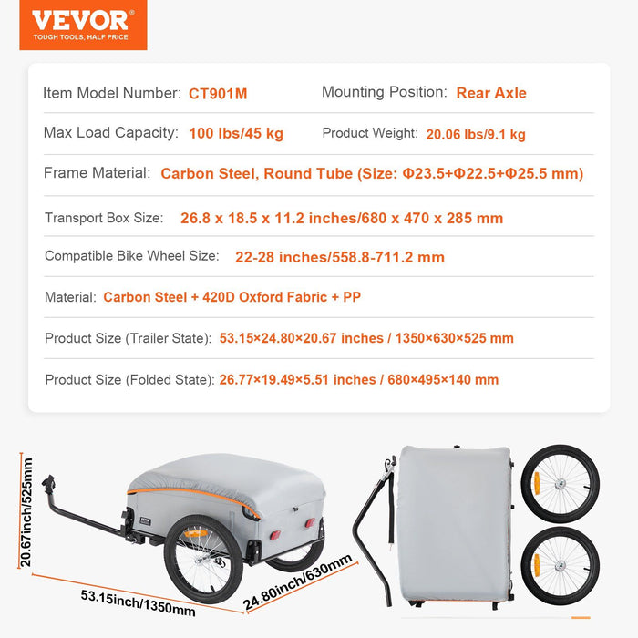 Bike Cargo Trailer, 88/100/160 lbs Load Capacity, Heavy-Duty Bicycle Wagon Cart, Foldable Compact Storage with Universal Hitch