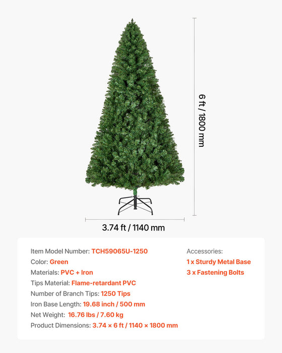 VEVOR Christmas Tree, 1.8m Artificial Xmas Tree, Full Holiday Decor Trees with 1250 Branch Tips & Sturdy Metal Base for Home Party Office Decoration