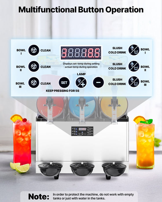 VEVOR Commercial Frozen Drink Maker, 15Lx3 Triple Tank Slushy Machine, 180 Cups Stainless Steel Margarita Smoothie Frozen Drink Machine, Slushie Maker for Home Party Restaurants Cafe Bars
