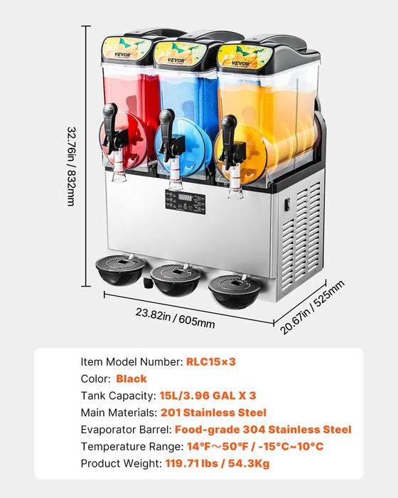 VEVOR Commercial Frozen Drink Maker, 15Lx3 Triple Tank Slushy Machine, 180 Cups Stainless Steel Margarita Smoothie Frozen Drink Machine, Slushie Maker for Home Party Restaurants Cafe Bars