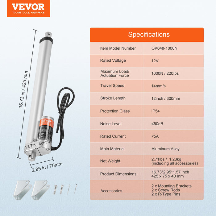 VEVOR Linear Actuator 12V, 12 Inch High Speed 0.55"/s Linear Actuator, 220lbs/1000N Linear Motion Actuator with Mounting Bracket and IP54 Protection