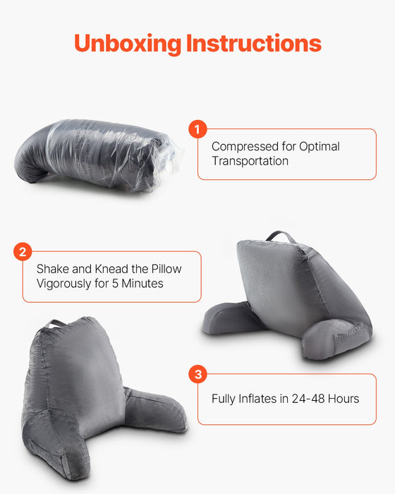 VEVOR Reading Pillow, Large Size Bed Pillow with Shredded Memory Foam, Back Pillow with 3 Pockets and Washable Short Velvet Cloth, Top with Handle, for Watching TV, Reading, Gaming, Resting, Grey