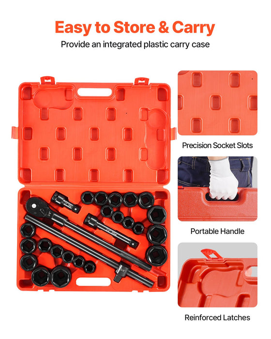 Impact Socket Set 3/4 Inches 27 Piece SAE 7/8 to 2 Inches and Metric 22 to 50 mm